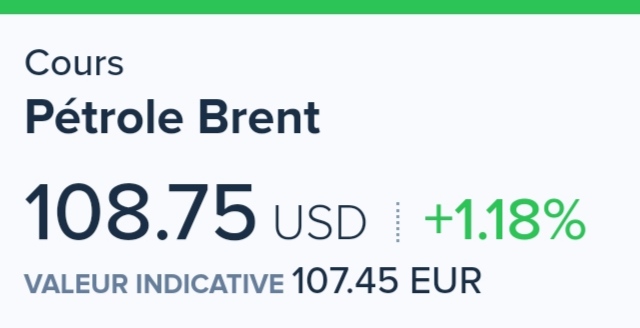 Photo de Le Brent avoisine les 109 dollars
